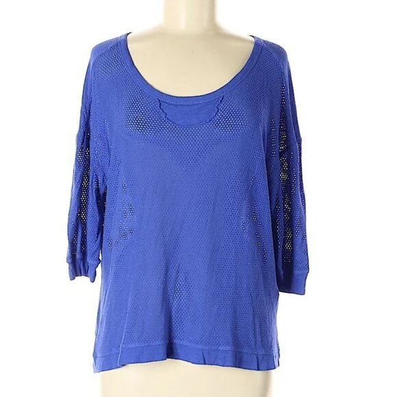 Anthropologie Left of Center Blue Open Knit 3/4 Sleeve Top Shirt Size Medium - Picture 1 of 5